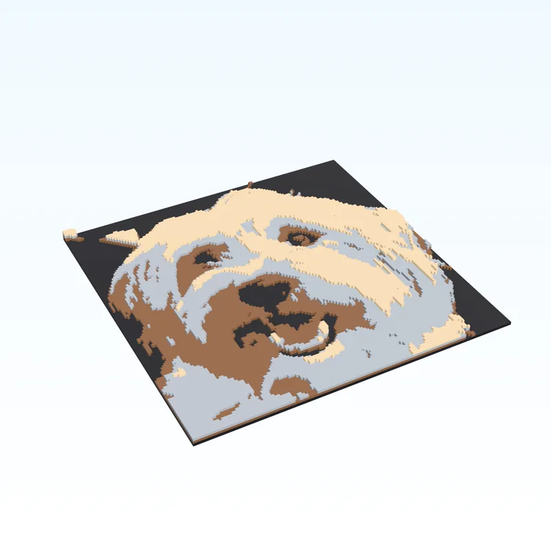 3D-Modell eines vierfarbigen Foto-Reliefs mit dem Kopf eines Hundes in Schwarz, Braun, Grau und Beige