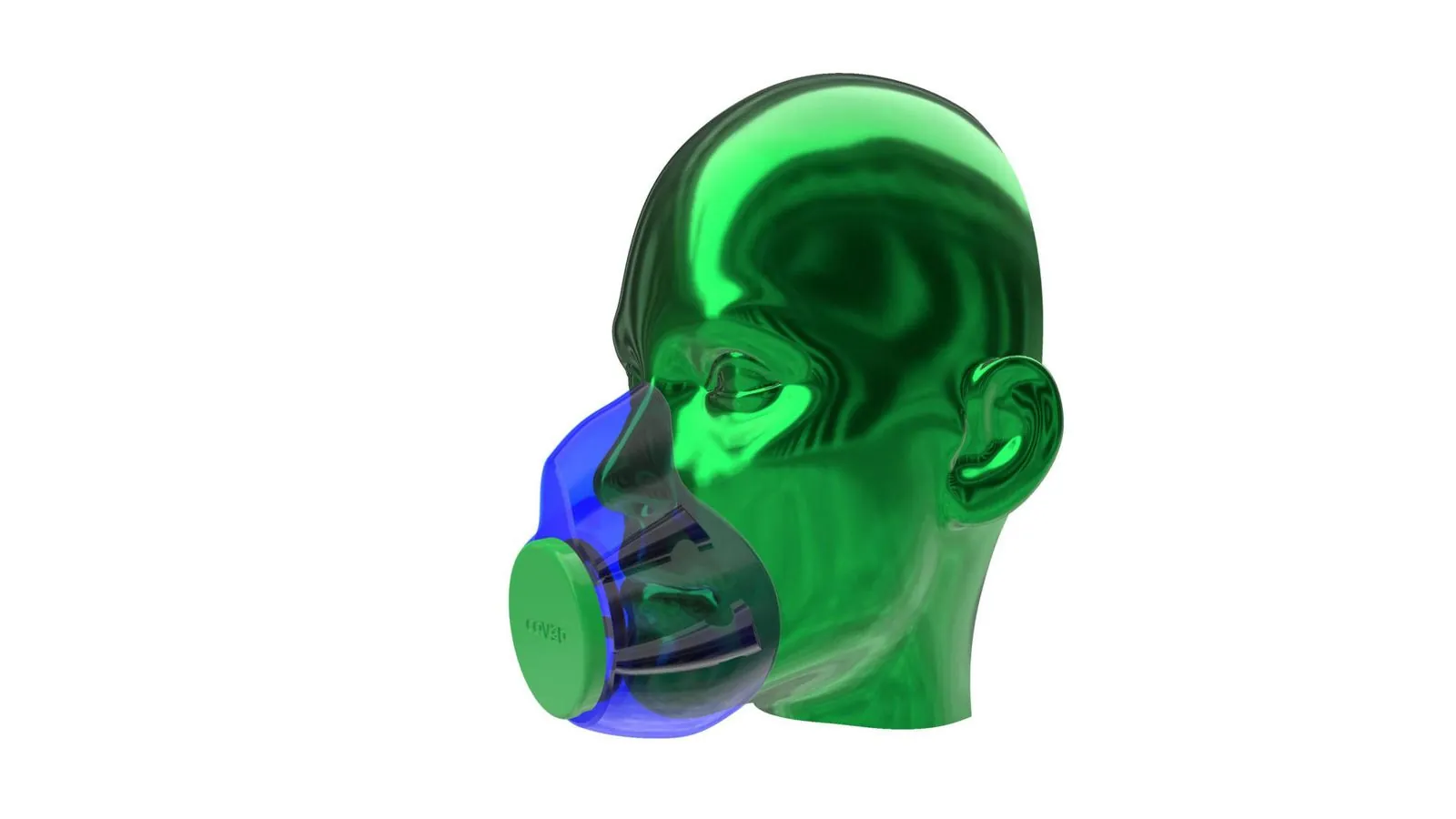 3D-Modell der COV3D-Atemschutzmaske an einem digitalen Kopfmodell
